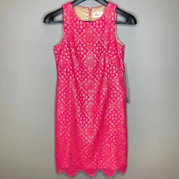 NWT Eliza J Sleeveless Lace Scalloped Hem Shift Dress In Hot Pink Size 0 - Picture 2 of 10